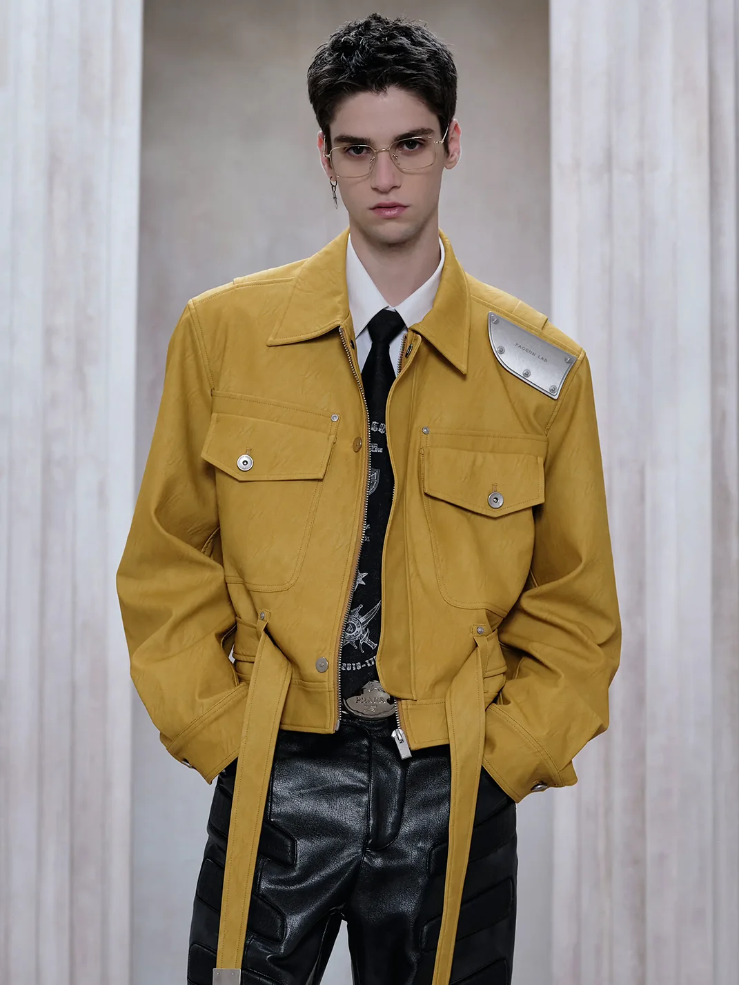 FACEONLAB | Metal Shoulder Plate Leather Jacket