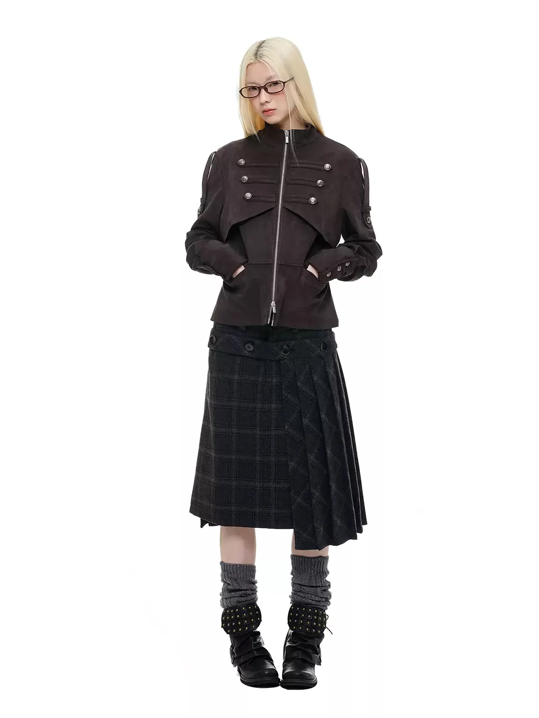 JIKOO | Cropped Faux Suede Stand Collar Jacket