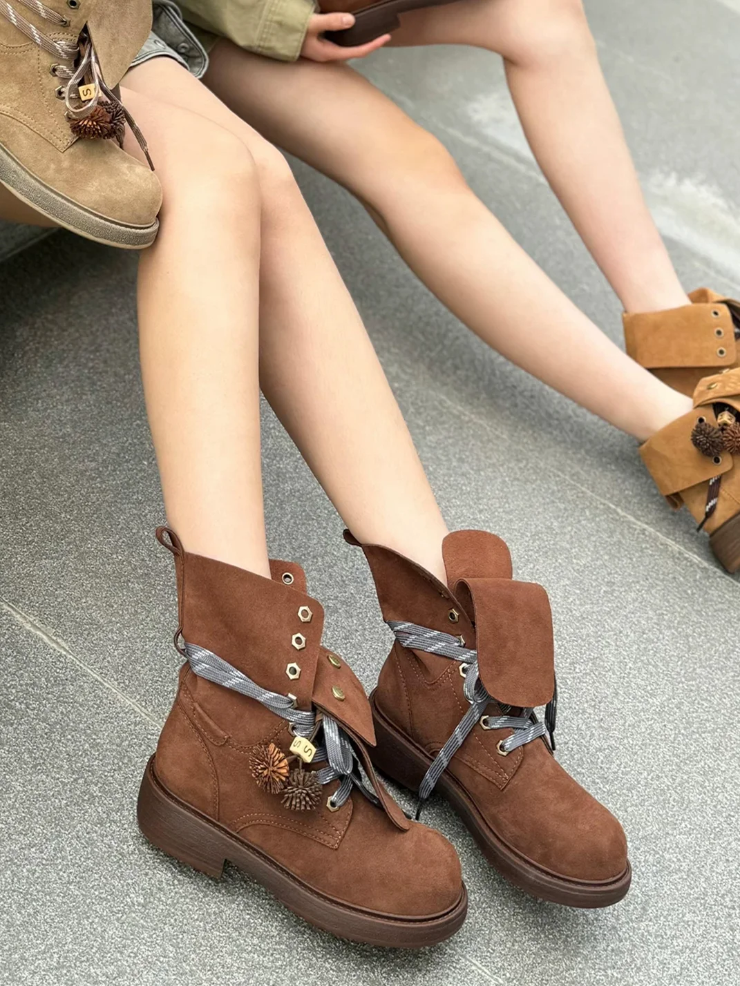 CSSStudio | Suede Lace-Up Fringe Chunky Heel Boots