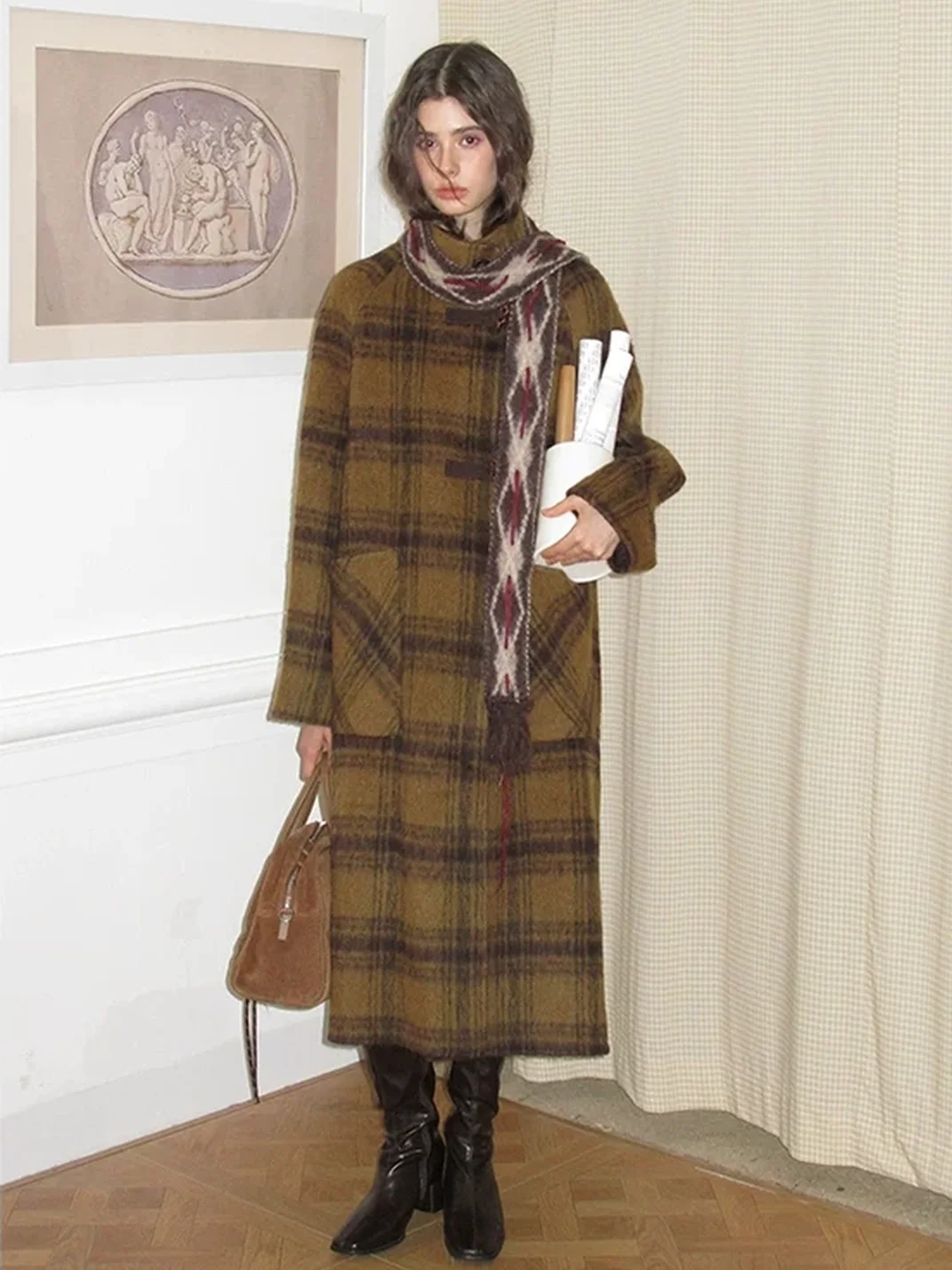 UNSOYAO OFFICE | Plaid Stand Collar Double-Faced Wool Coat