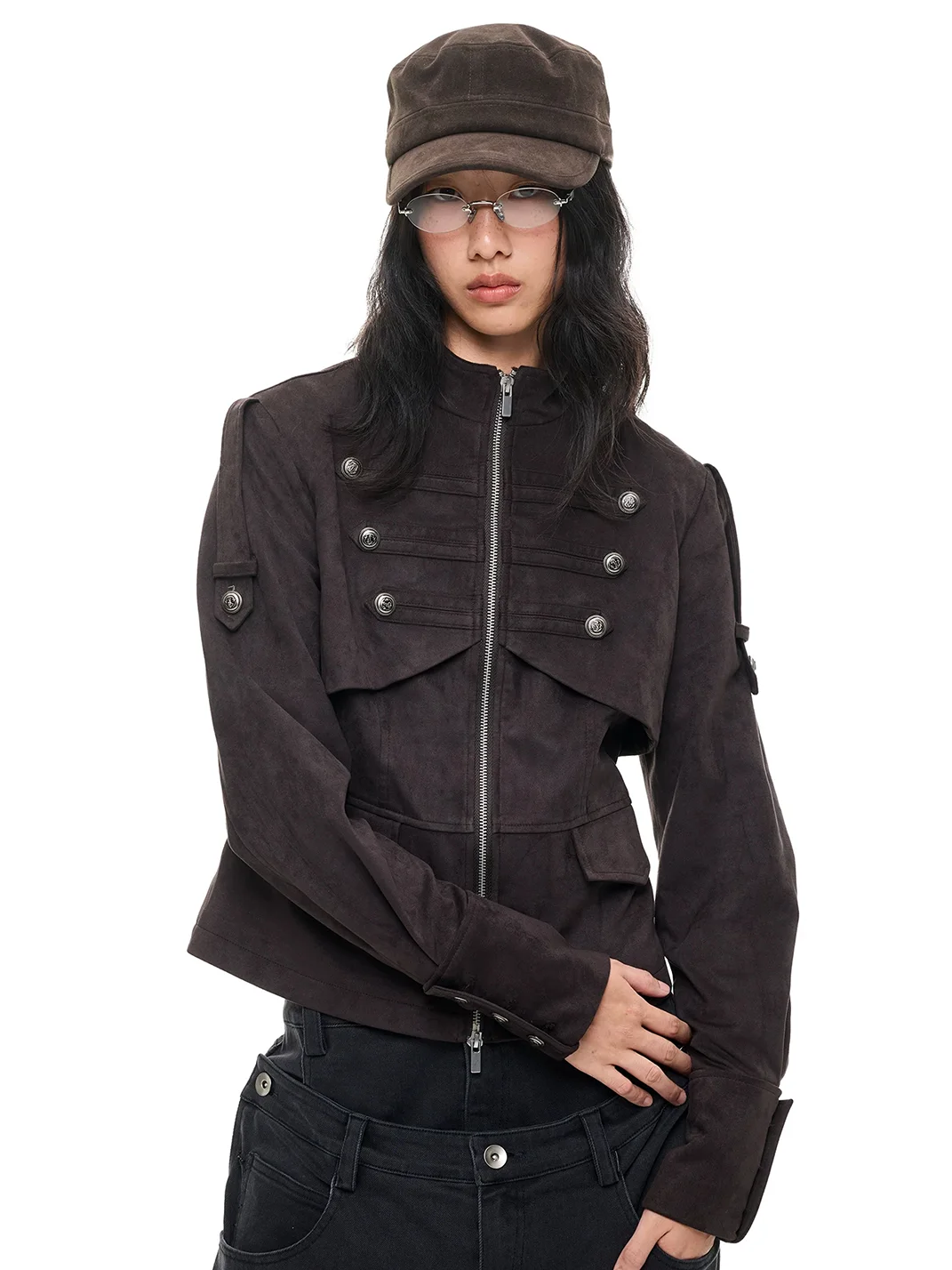 JIKOO | Cropped Faux Suede Stand Collar Jacket