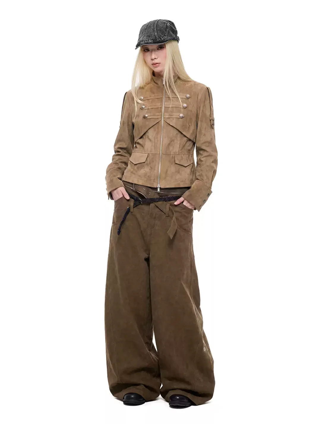 JIKOO | Cropped Faux Suede Stand Collar Jacket