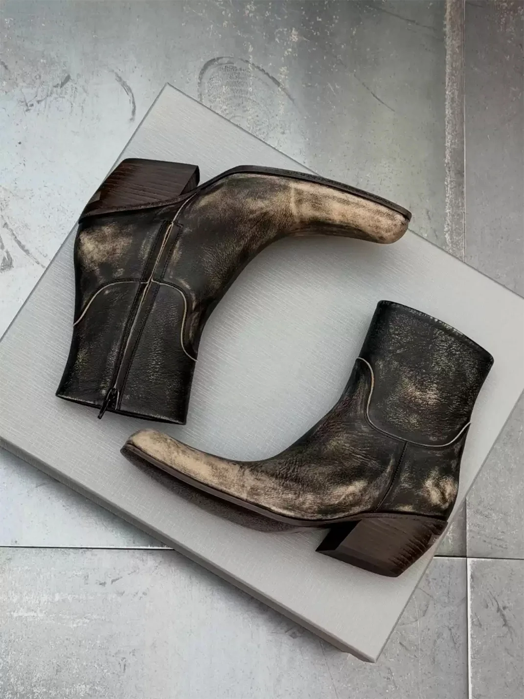 DLMNX | Distressed Square Toe Side Zip Block Heel Boots