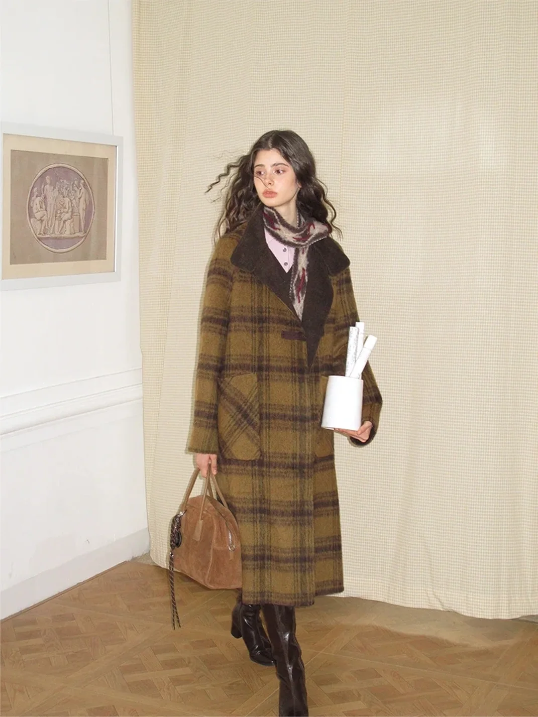 UNSOYAO OFFICE | Plaid Stand Collar Double-Faced Wool Coat