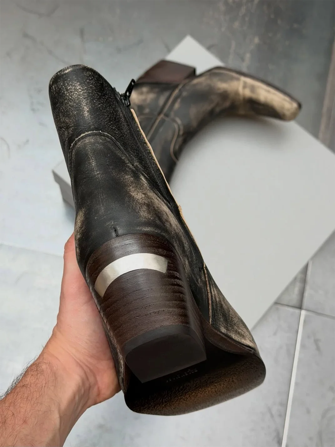 DLMNX | Distressed Square Toe Side Zip Block Heel Boots