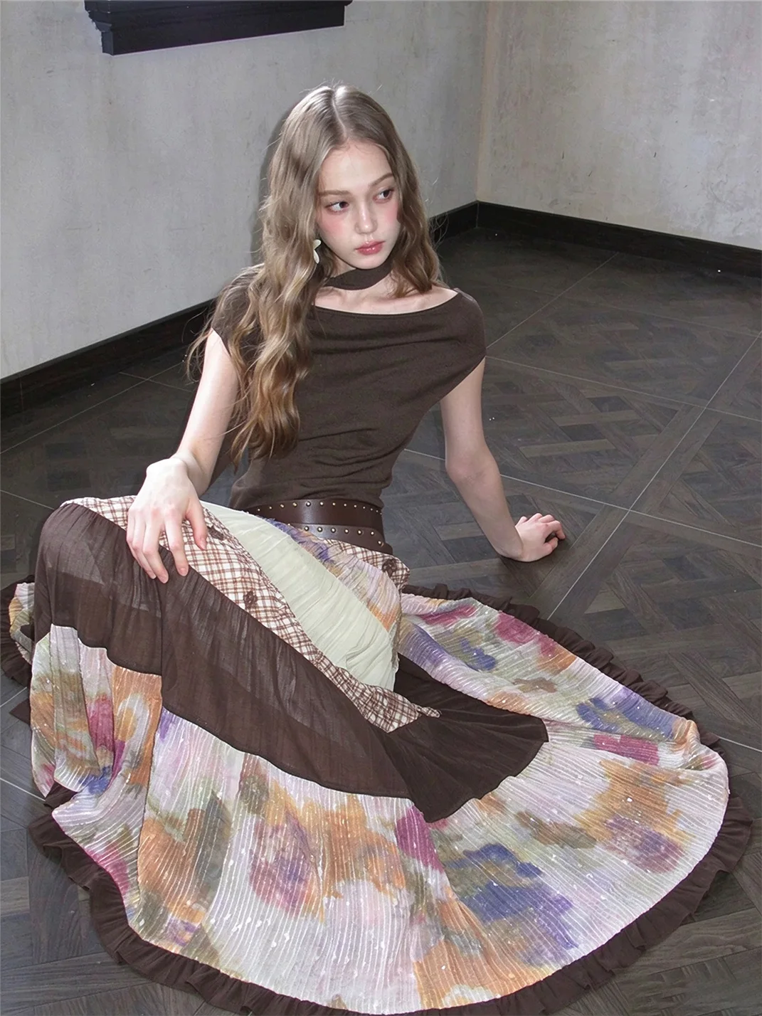 UNSOYAO OFFICE | Colorblock Full-Sweep Patchwork Skirt