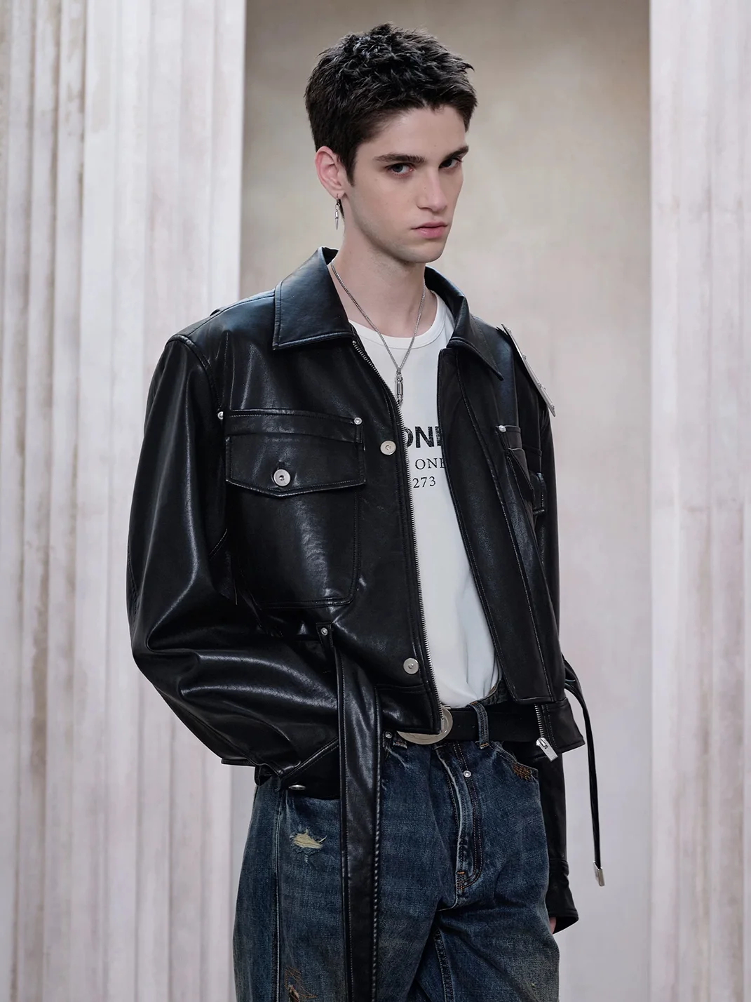 FACEONLAB | Metal Shoulder Plate Leather Jacket
