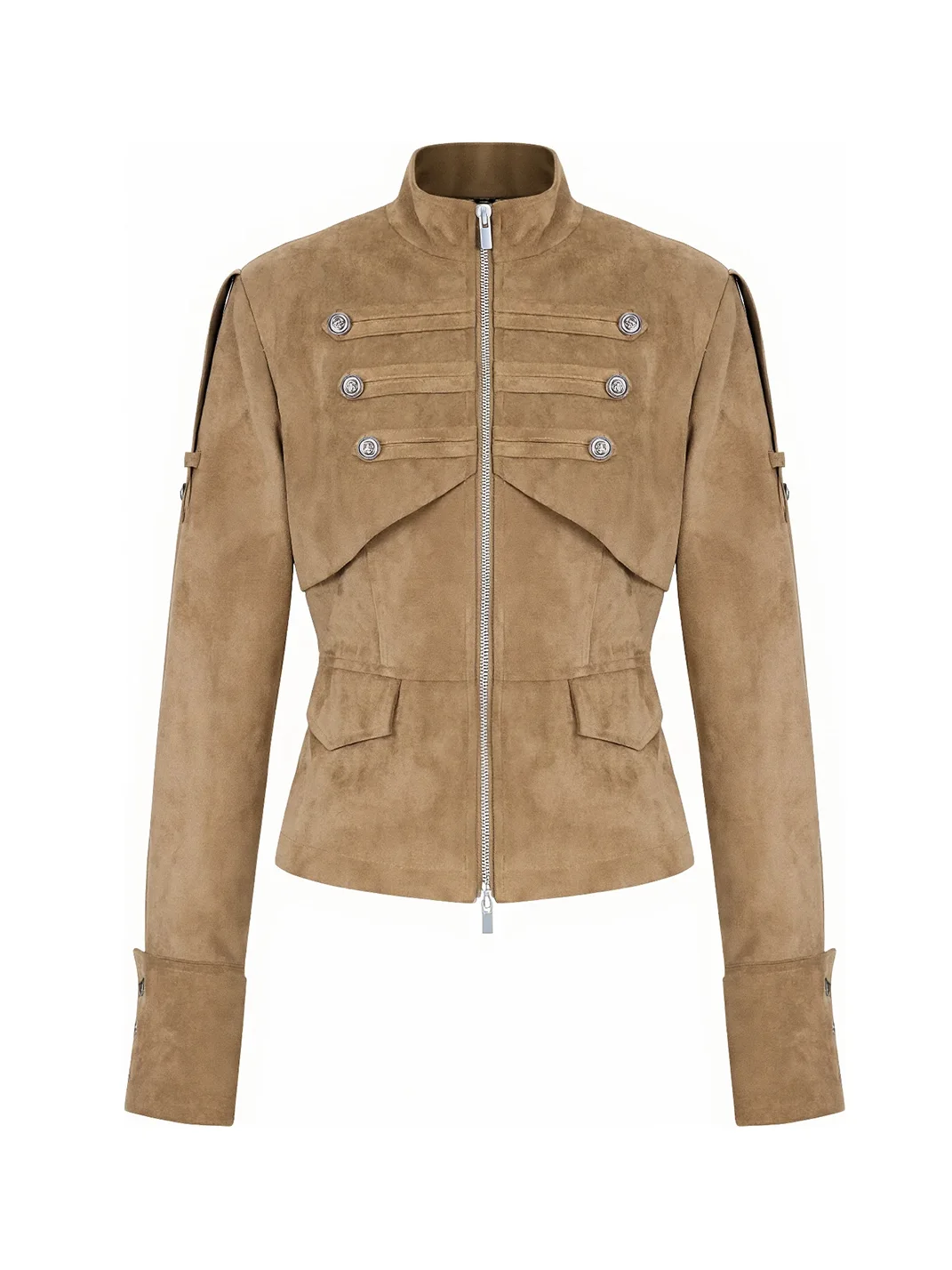 JIKOO | Cropped Faux Suede Stand Collar Jacket