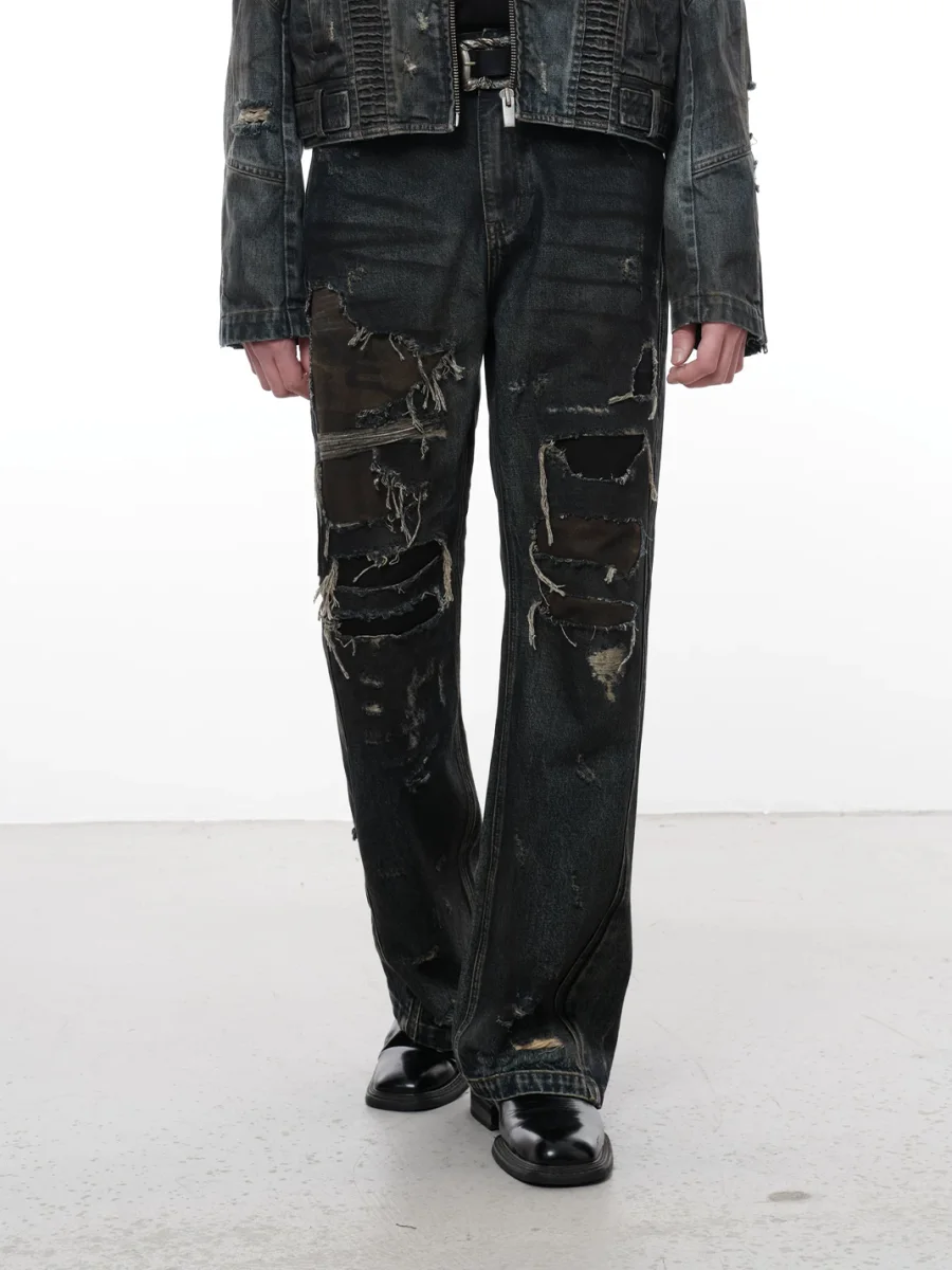FACEONLAB | Spray-Washed Graffiti Camouflage Ripped Slight-Flare Jeans - 4