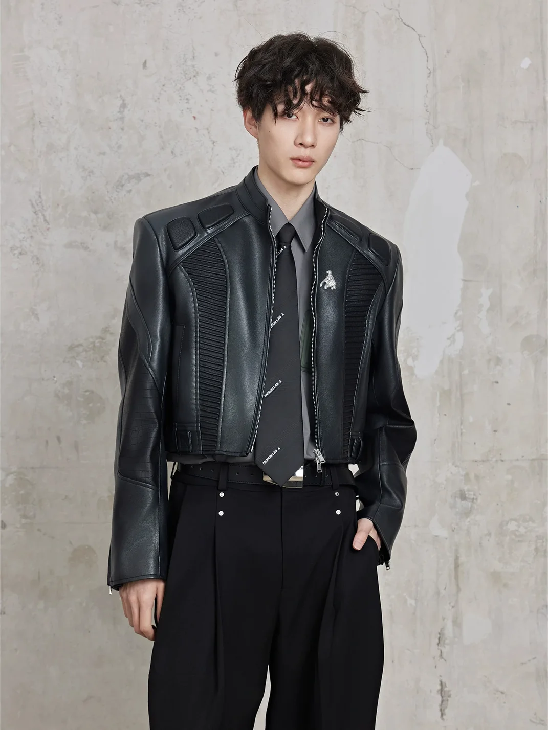 FACEONLAB | Cropped Motorcycle Leather Jacket