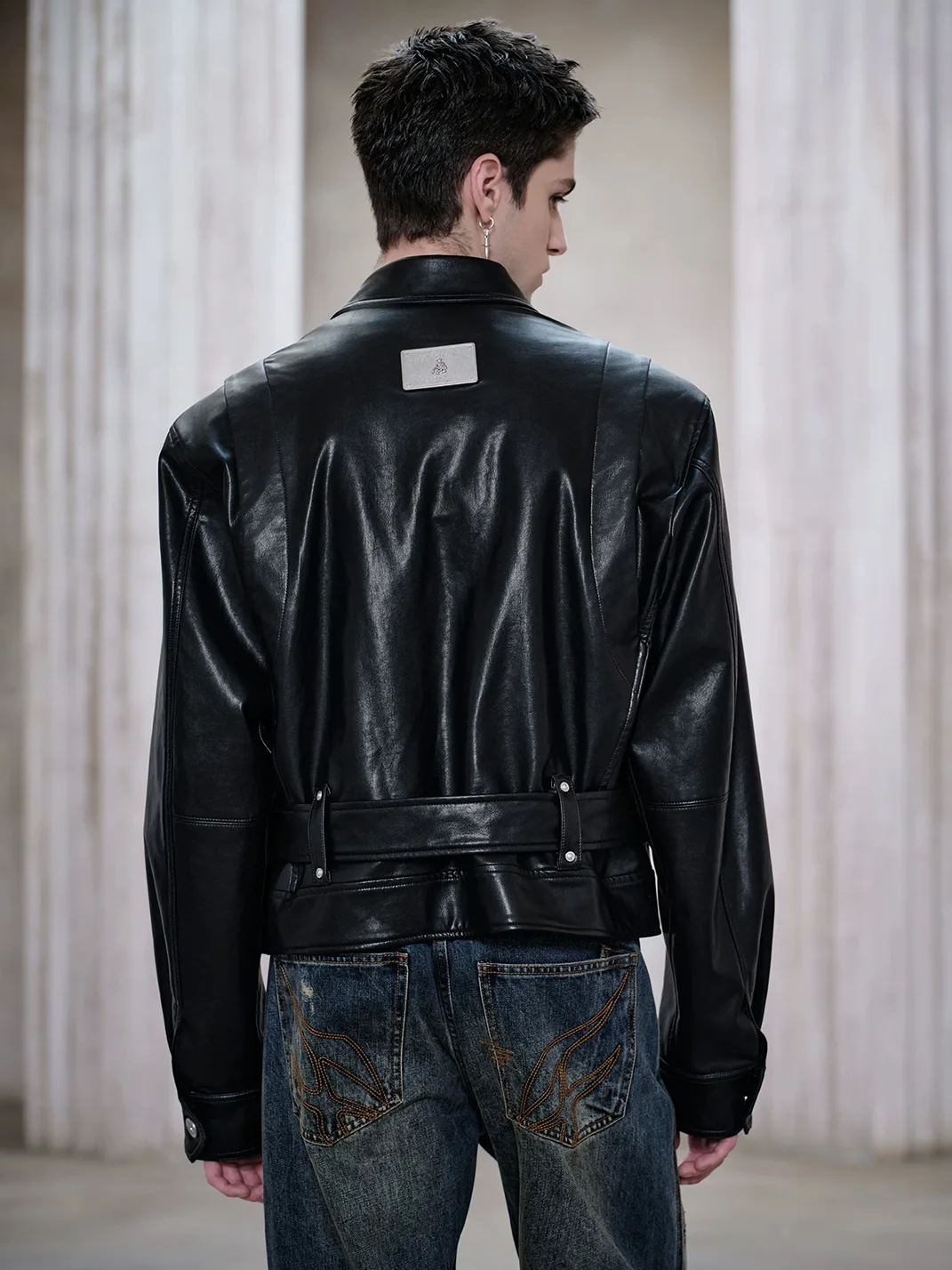 FACEONLAB | Metal Shoulder Plate Leather Jacket