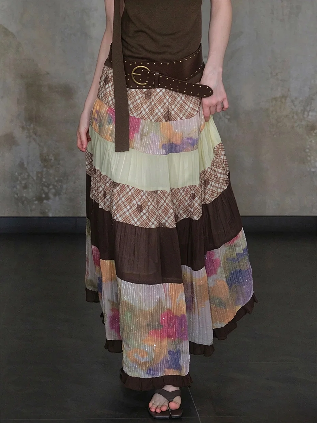 UNSOYAO OFFICE | Colorblock Full-Sweep Patchwork Skirt