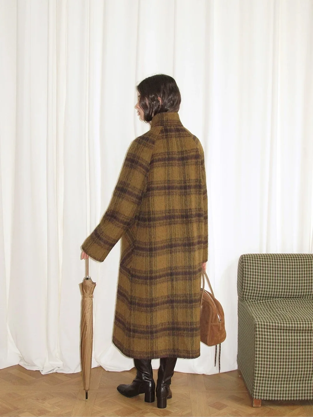 UNSOYAO OFFICE | Plaid Stand Collar Double-Faced Wool Coat