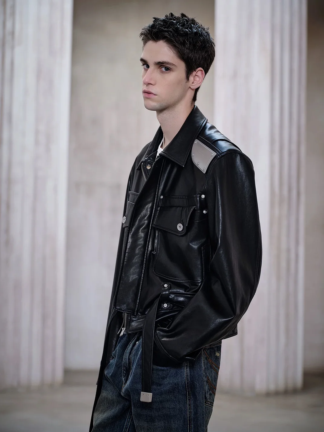 FACEONLAB | Metal Shoulder Plate Leather Jacket