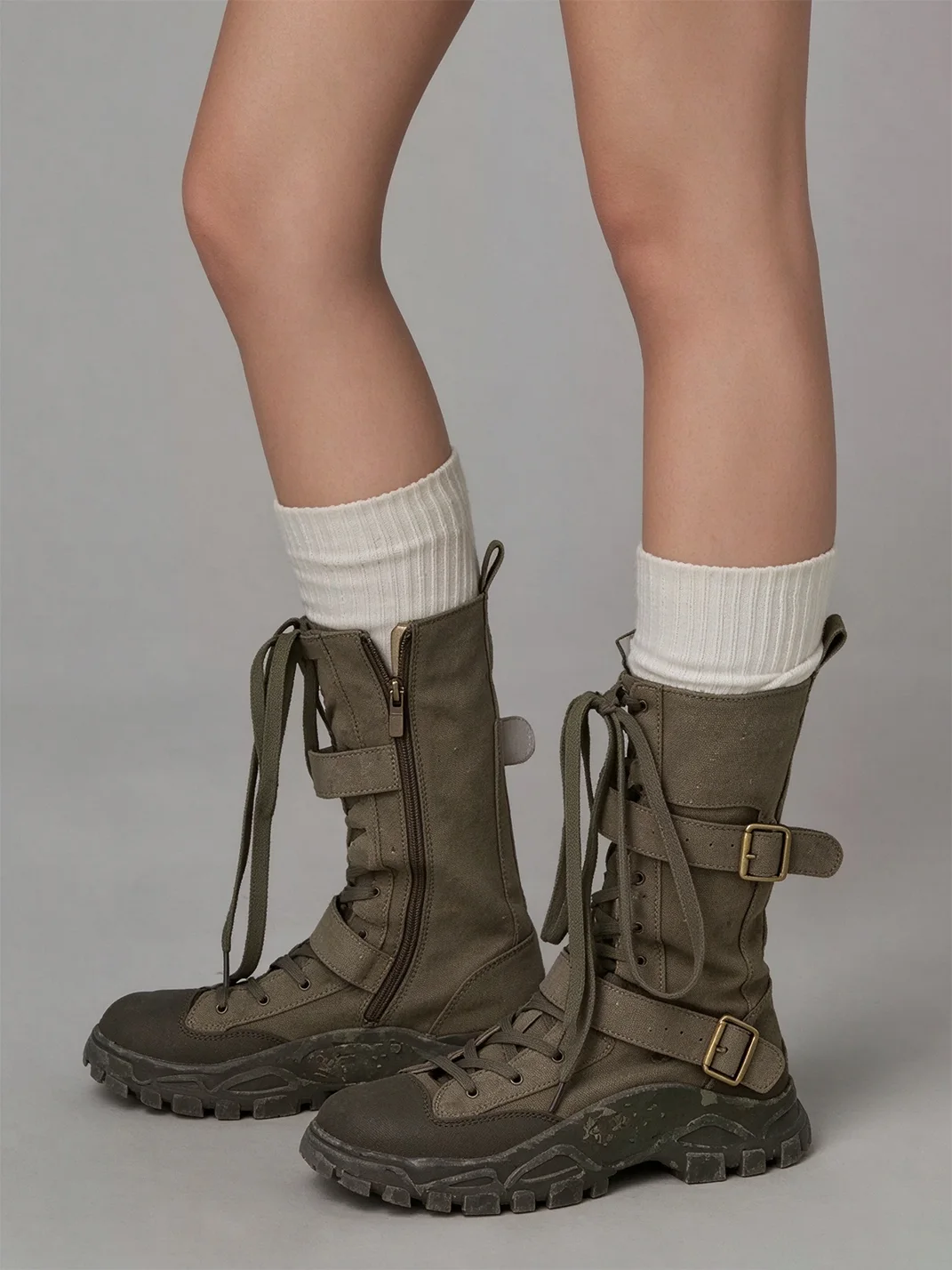 Angel | Buckle Lace-Up Mid-Heel Motorcycle Boots