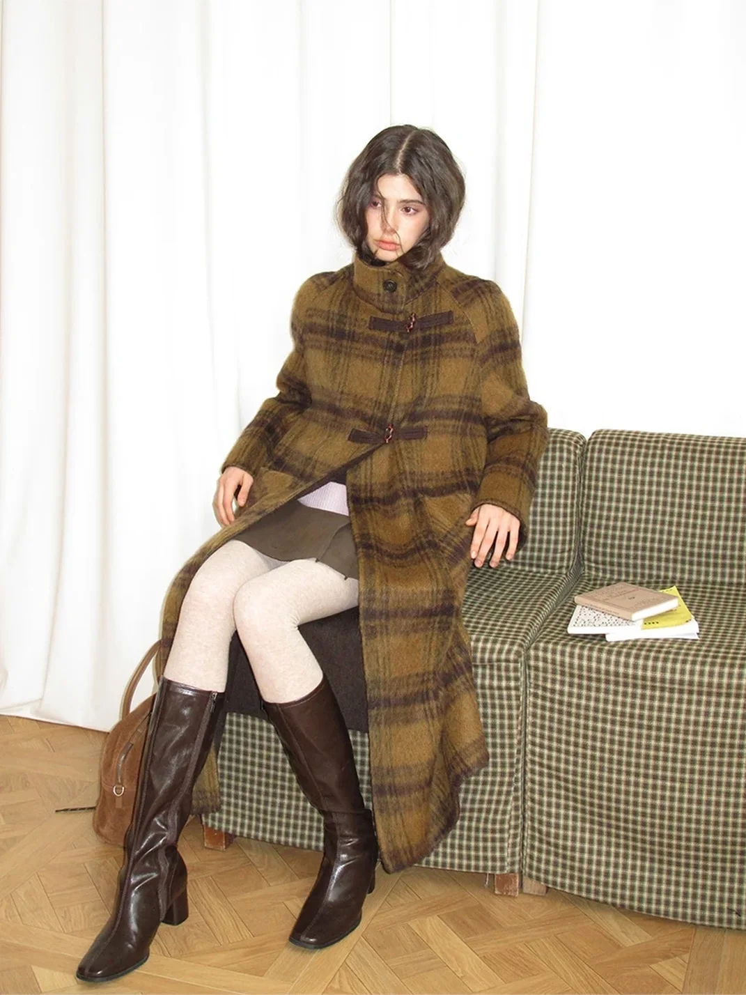 UNSOYAO OFFICE | Plaid Stand Collar Double-Faced Wool Coat