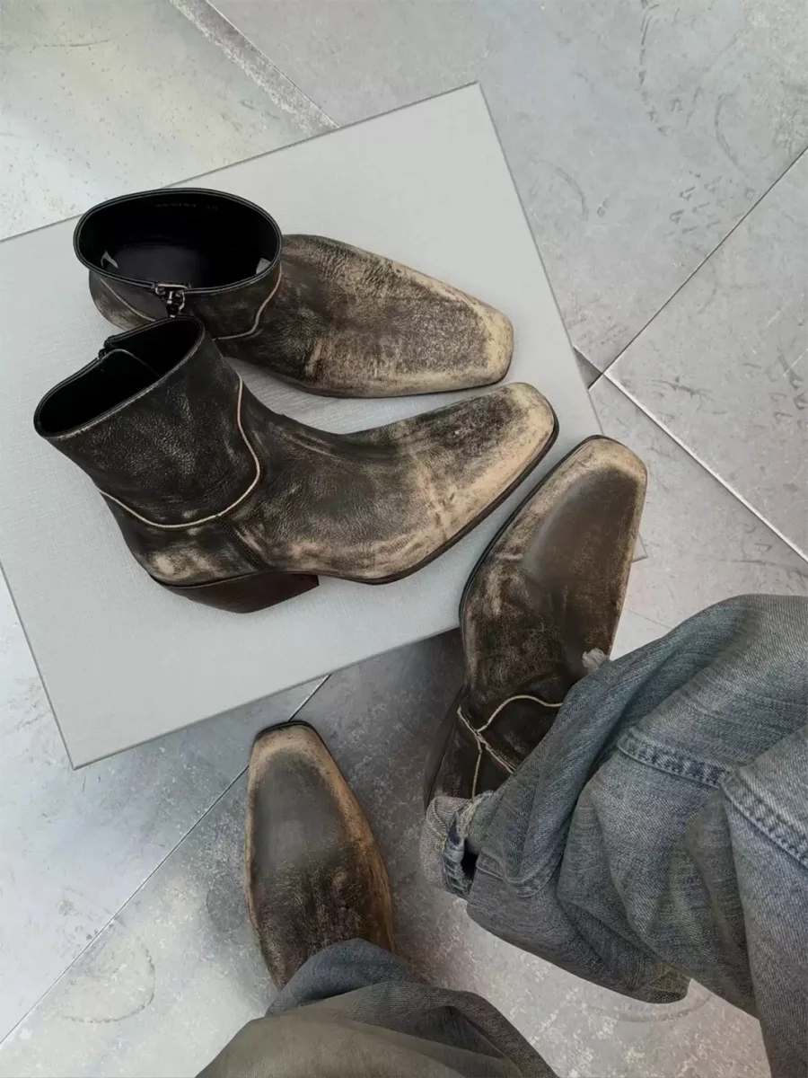 DLMNX | Distressed Square Toe Side Zip Block Heel Boots - 3