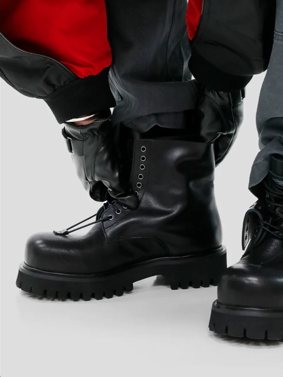 HANQIAORIJI | Double Layer Leather Platform Biker Boots - 2