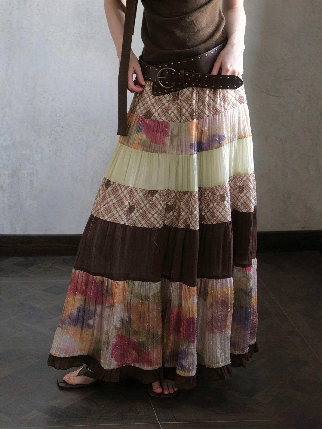 UNSOYAO OFFICE | Colorblock Full-Sweep Patchwork Skirt