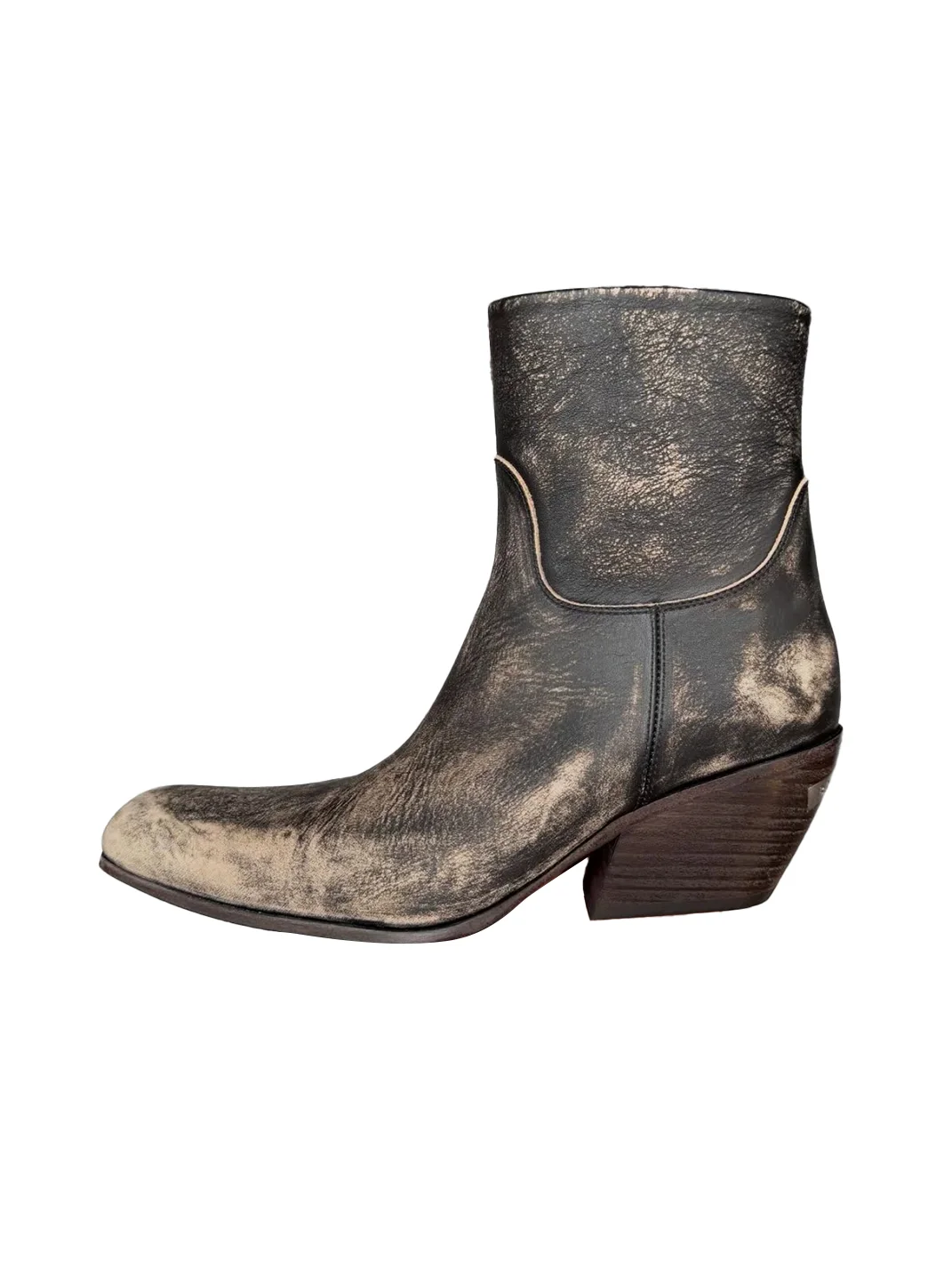 DLMNX | Distressed Square Toe Side Zip Block Heel Boots
