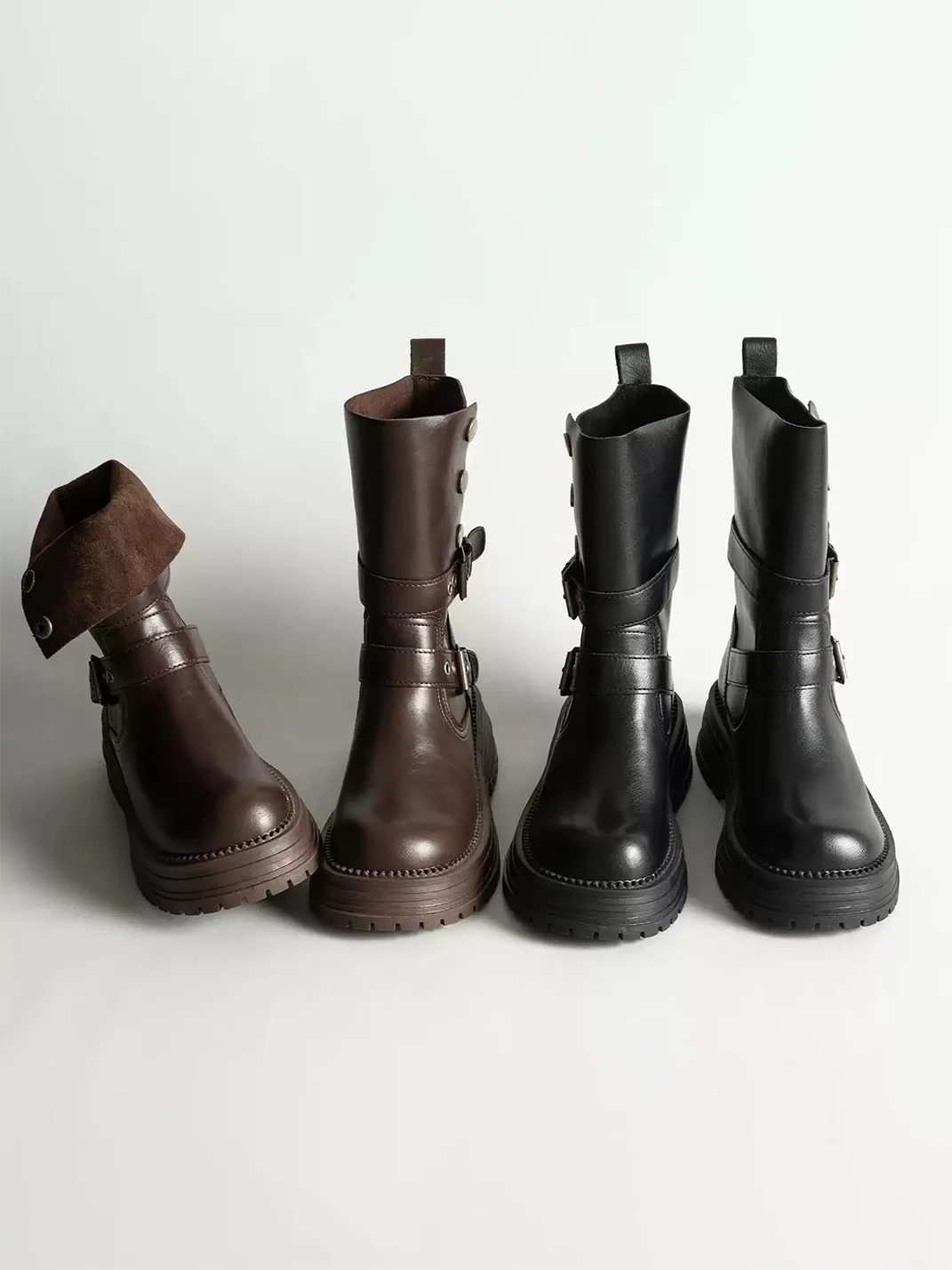 KAIMANLI | Leather Mid-Calf Platform Biker Boots