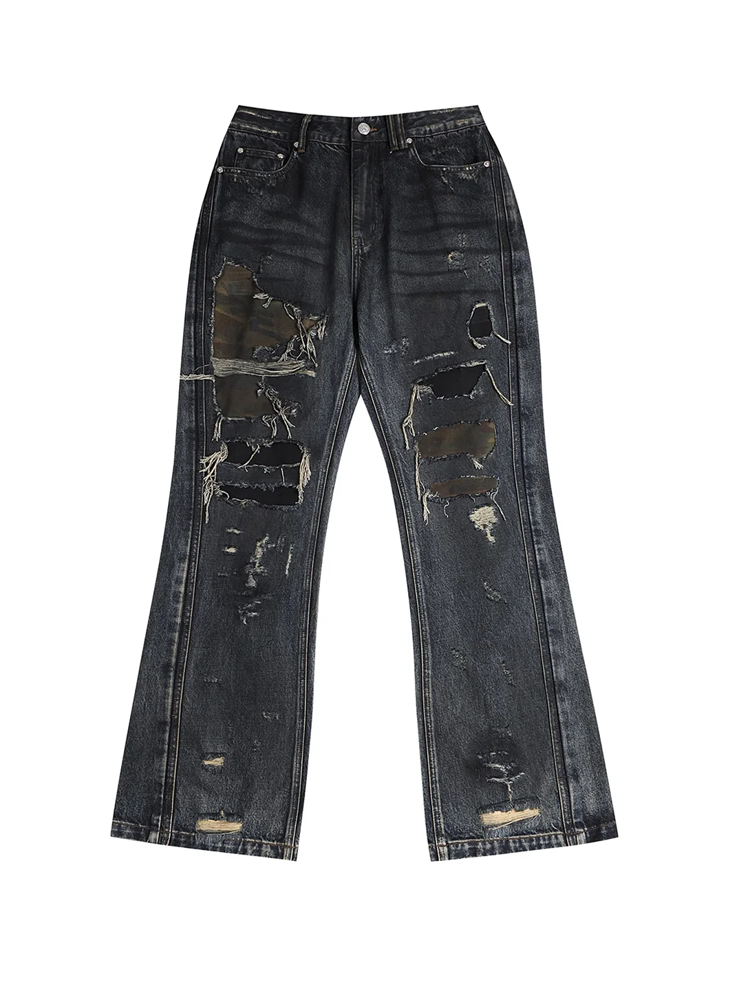 FACEONLAB | Spray-Washed Graffiti Camouflage Ripped Slight-Flare Jeans