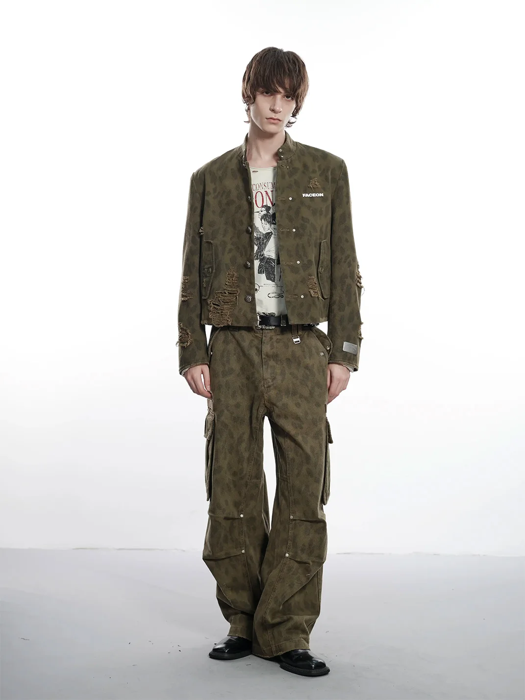 FACEONLAB | Distressed Camouflage Leopard Print Stand Collar Jacket