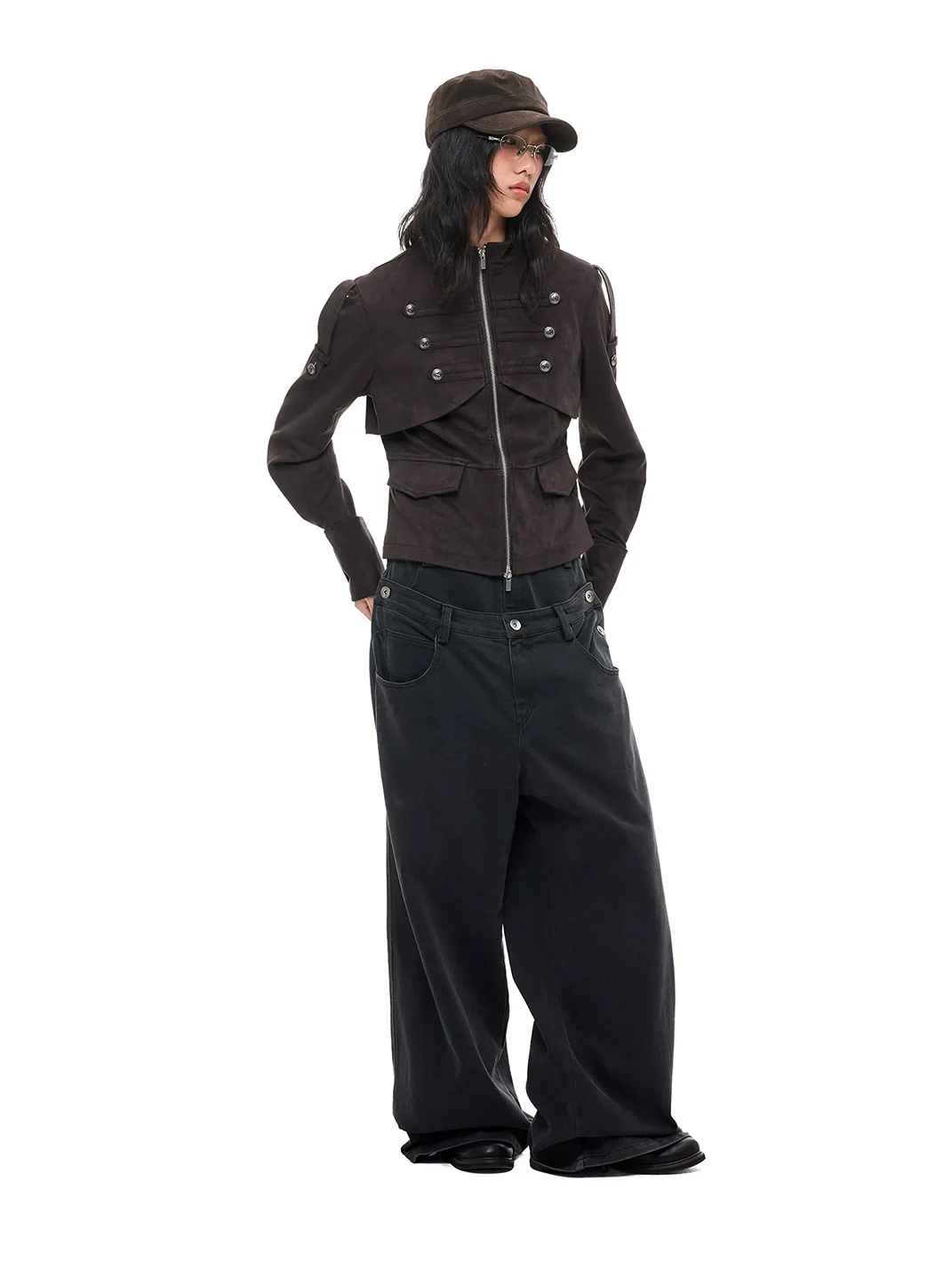 JIKOO | Cropped Faux Suede Stand Collar Jacket
