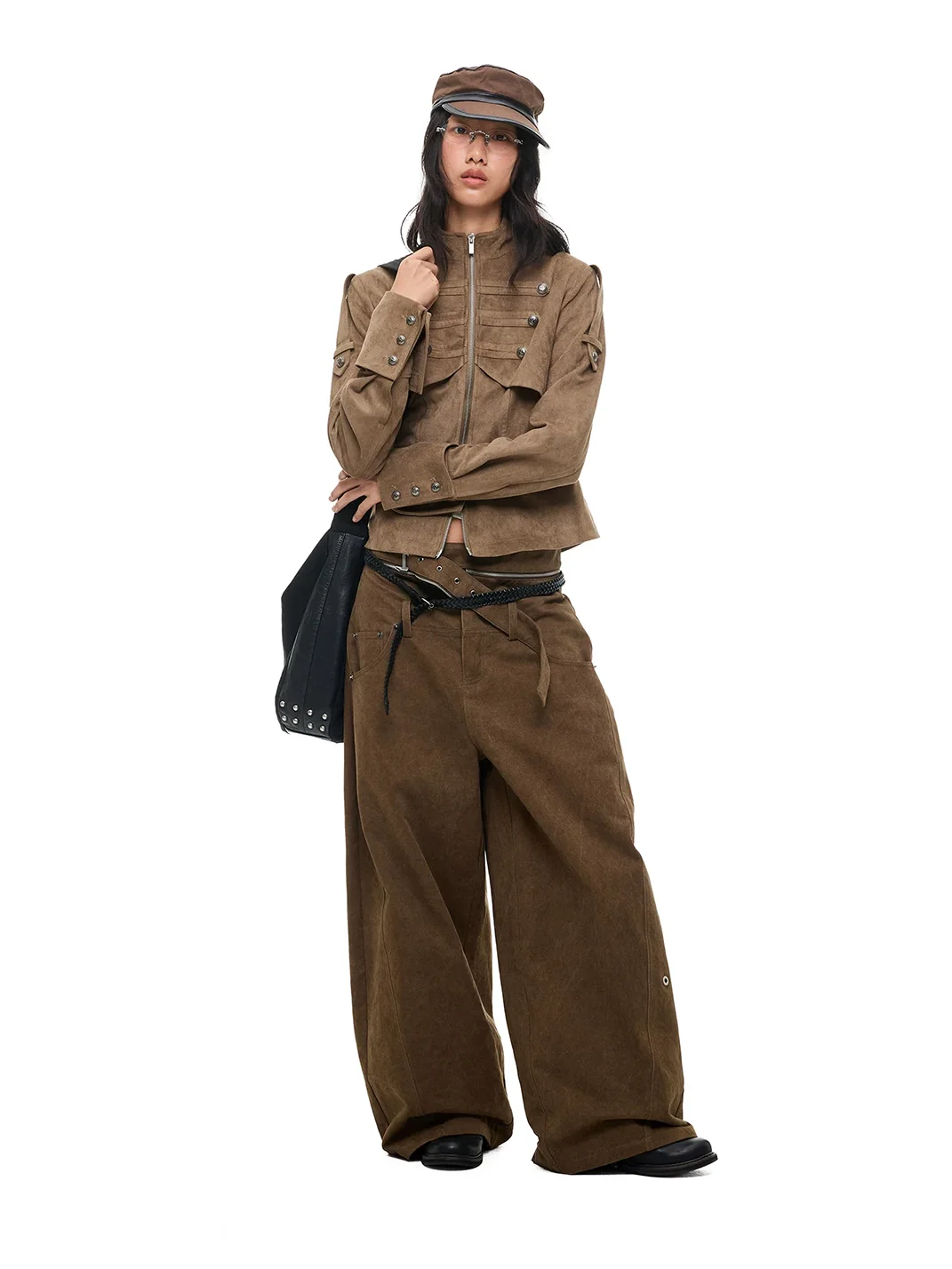 JIKOO | Cropped Faux Suede Stand Collar Jacket
