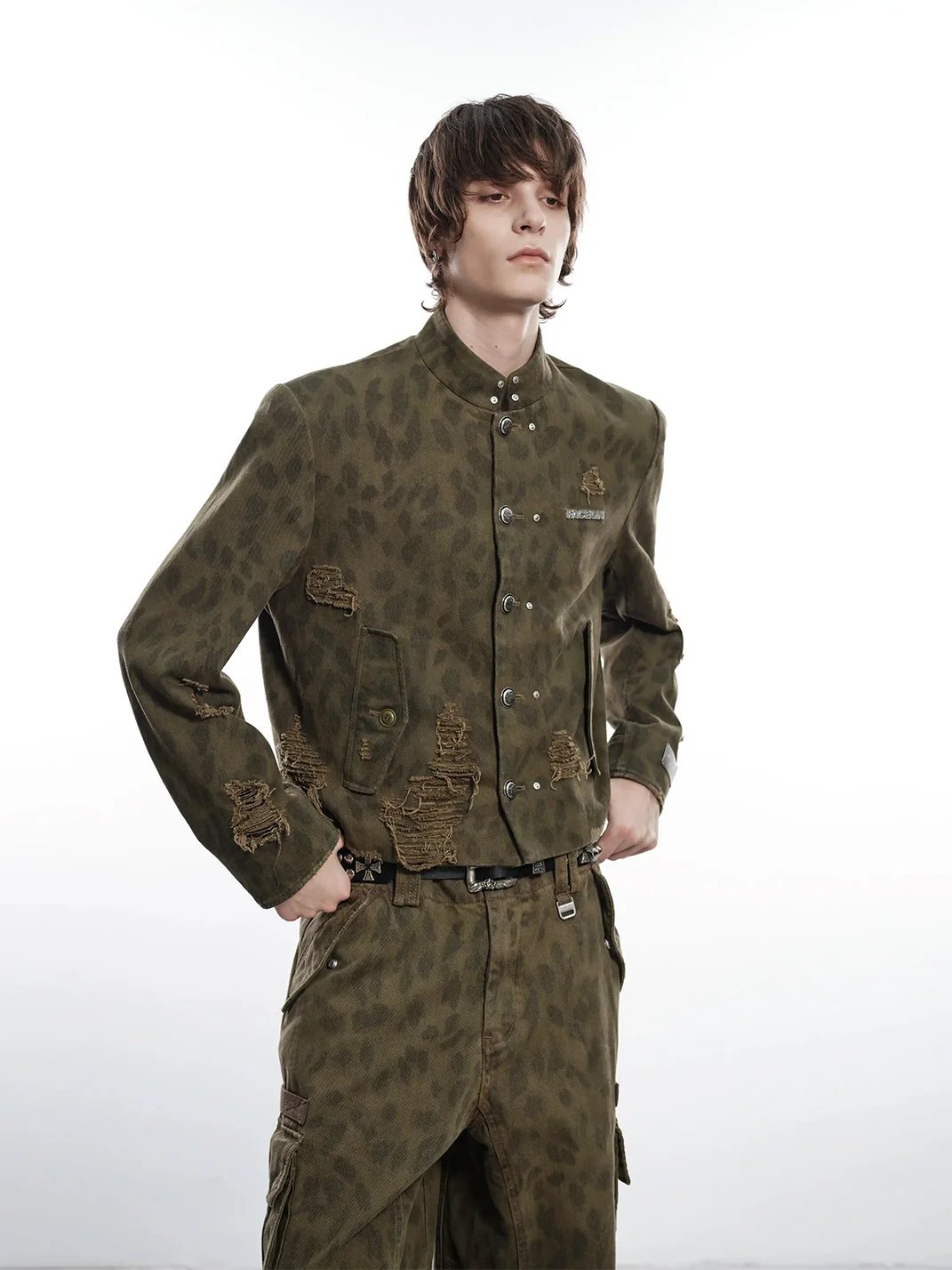 FACEONLAB | Distressed Camouflage Leopard Print Stand Collar Jacket