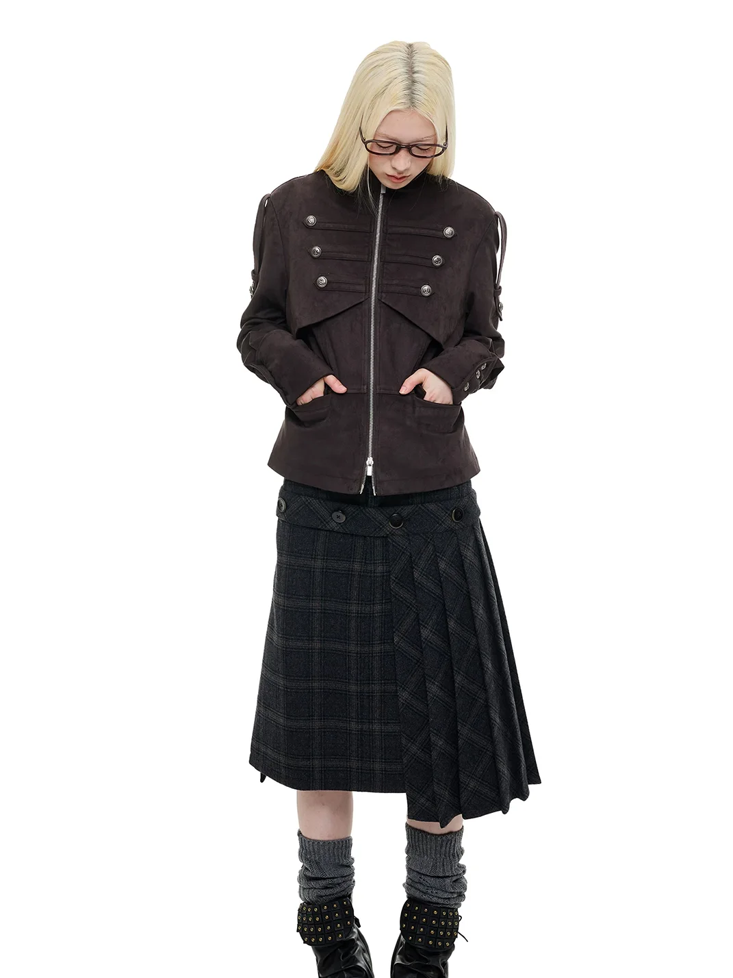 JIKOO | Cropped Faux Suede Stand Collar Jacket