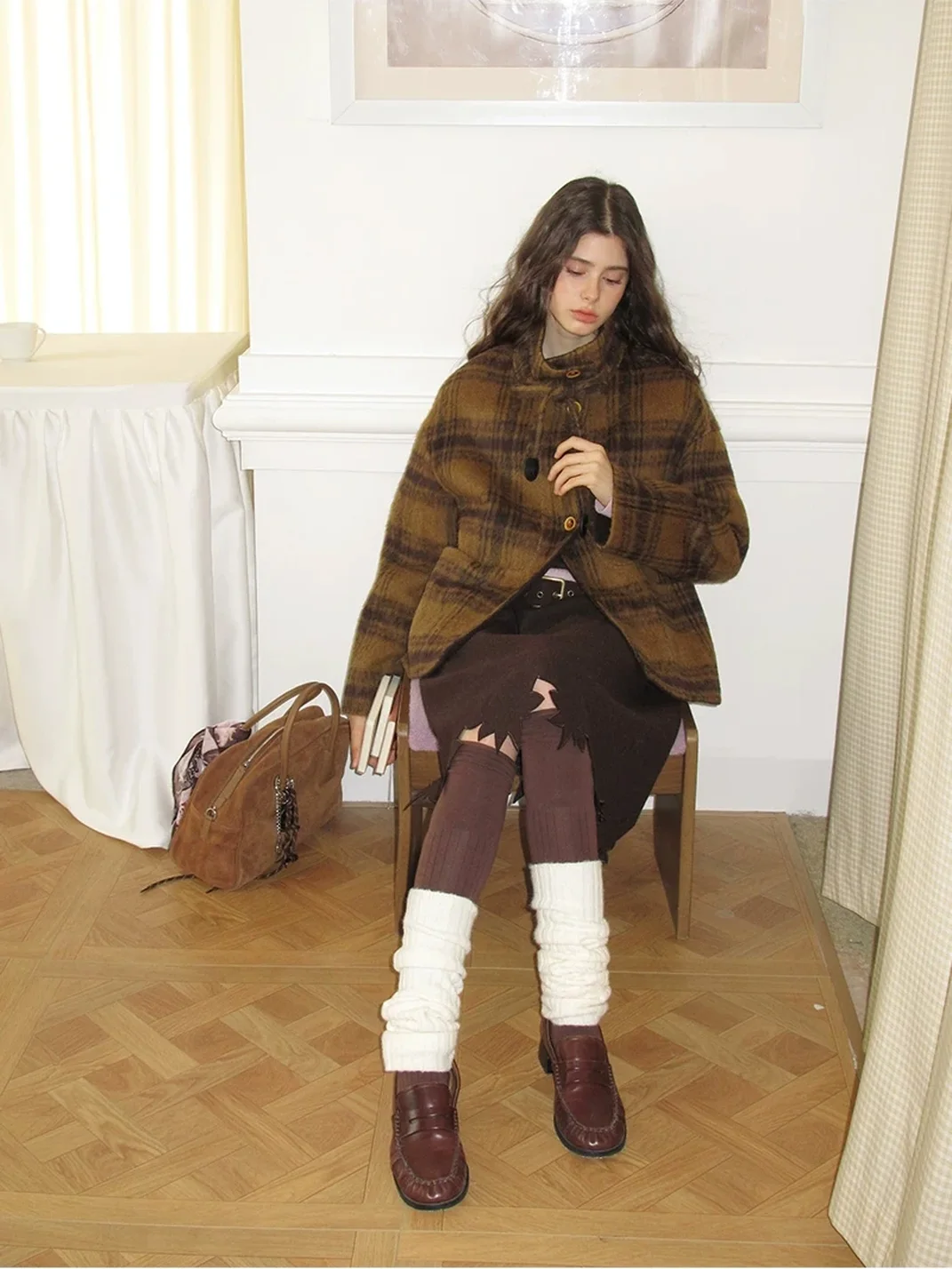 UNSOYAO OFFICE | Plaid Stand Collar Double-Faced Wool Coat