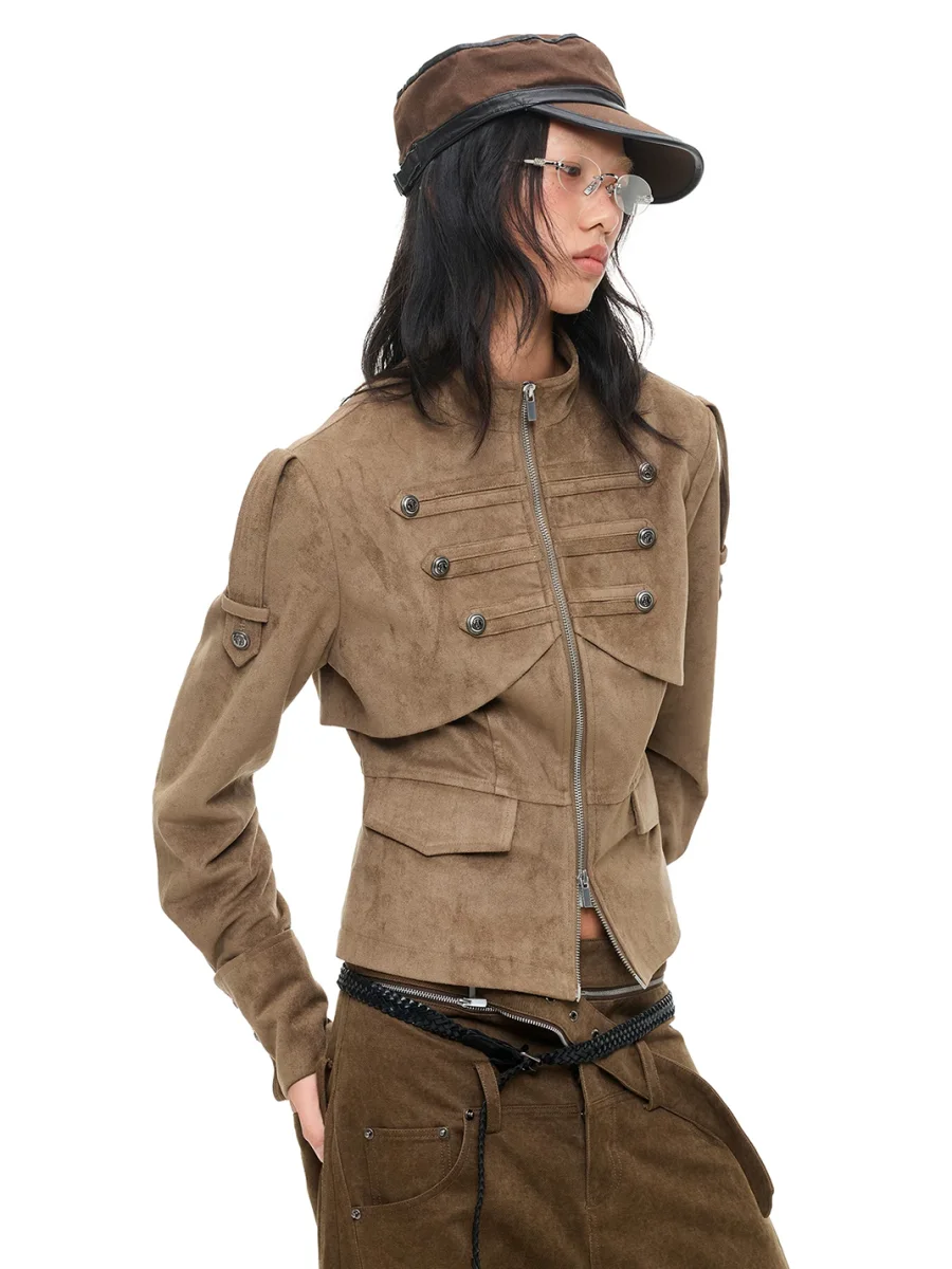 JIKOO | Cropped Faux Suede Stand Collar Jacket - 2