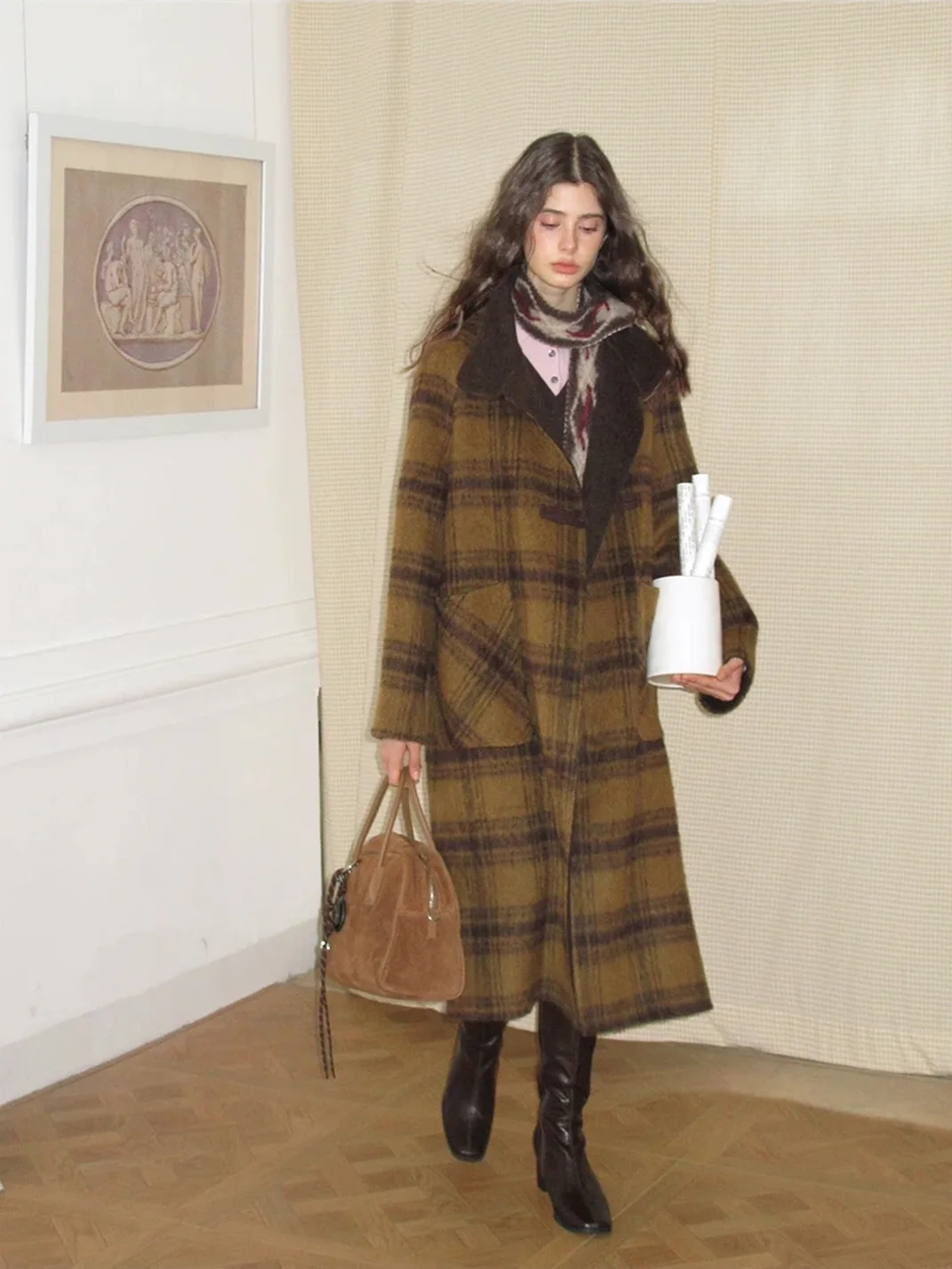 UNSOYAO OFFICE | Plaid Stand Collar Double-Faced Wool Coat