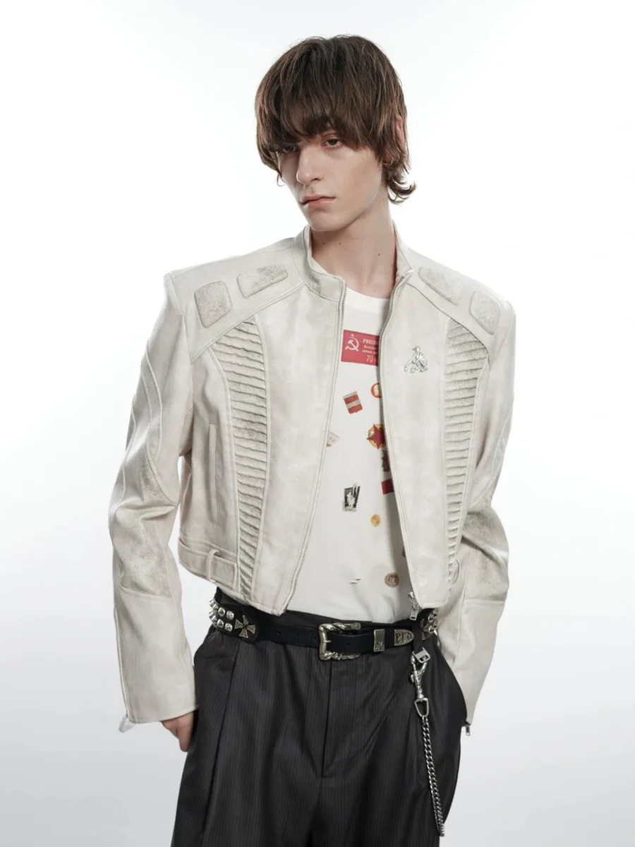 FACEONLAB | Cropped Motorcycle Leather Jacket - 2