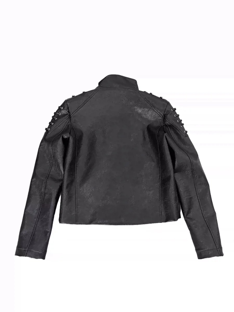 DETW | Slim-Fit Faux Leather Studded Lace-Up Stand Collar Jacket - 2