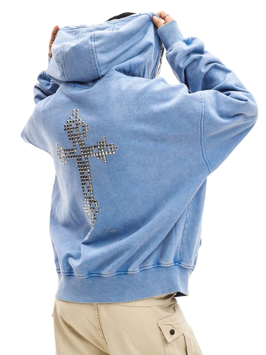 0123 Start | Distressed Studded Cross Loose Zip-Up Hoodie - 3