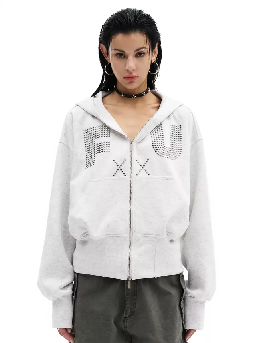 0123 Start | Studded Letter Cropped Zip-Up Hoodie - 2