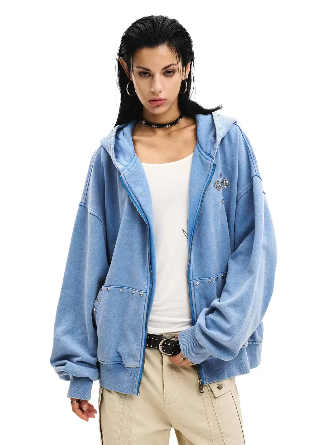 0123 Start | Distressed Studded Cross Loose Zip-Up Hoodie