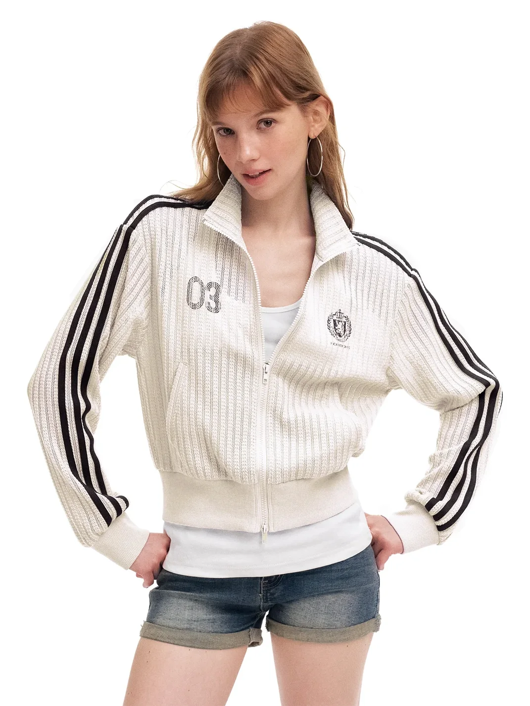 0123 Start | Striped Openwork Knit Cropped Stand Collar Jacket
