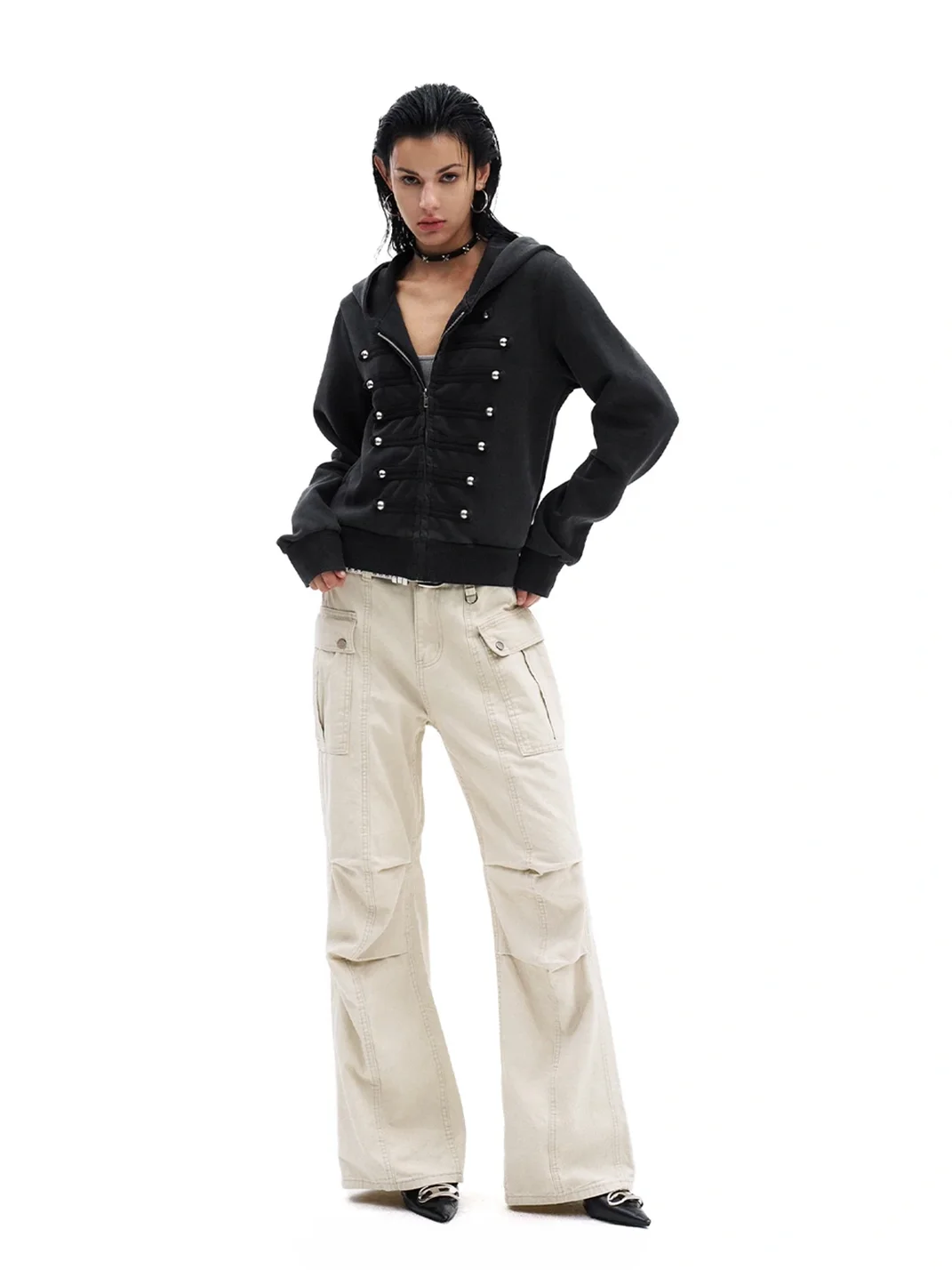0123 Start | Washed Cropped Hooded Double-Breasted Slim-Fit Jacket