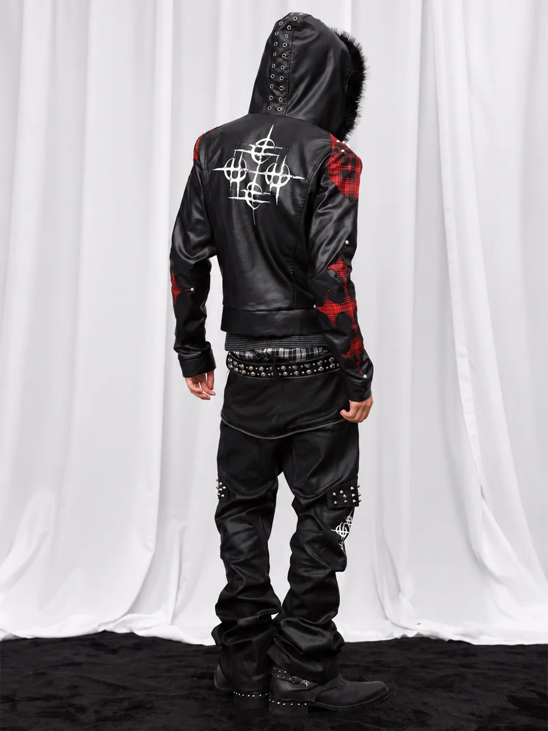 DETW | Studded Plaid Hooded Faux Leather Jacket