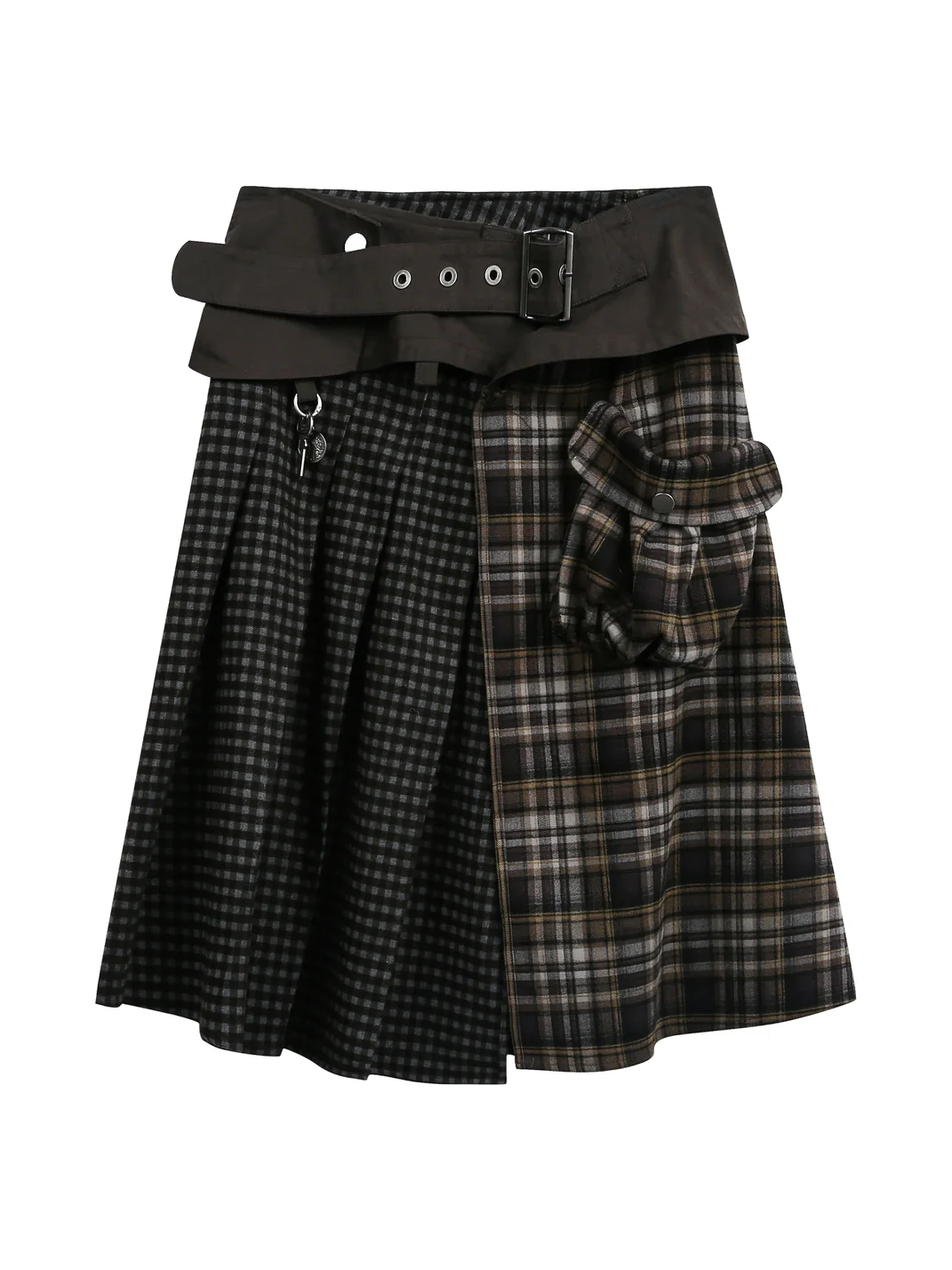 JIKOO | Plaid Patchwork High-Slit Cargo Skirt