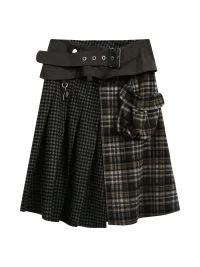JIKOO | Plaid Patchwork High-Slit Cargo Skirt