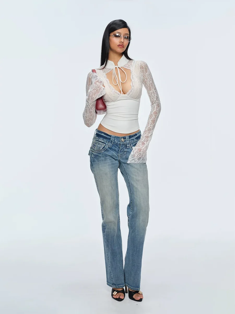 BUM STUDIO | Low-Rise Washed Slight-Flare Jeans With Bold Topstitching - 3