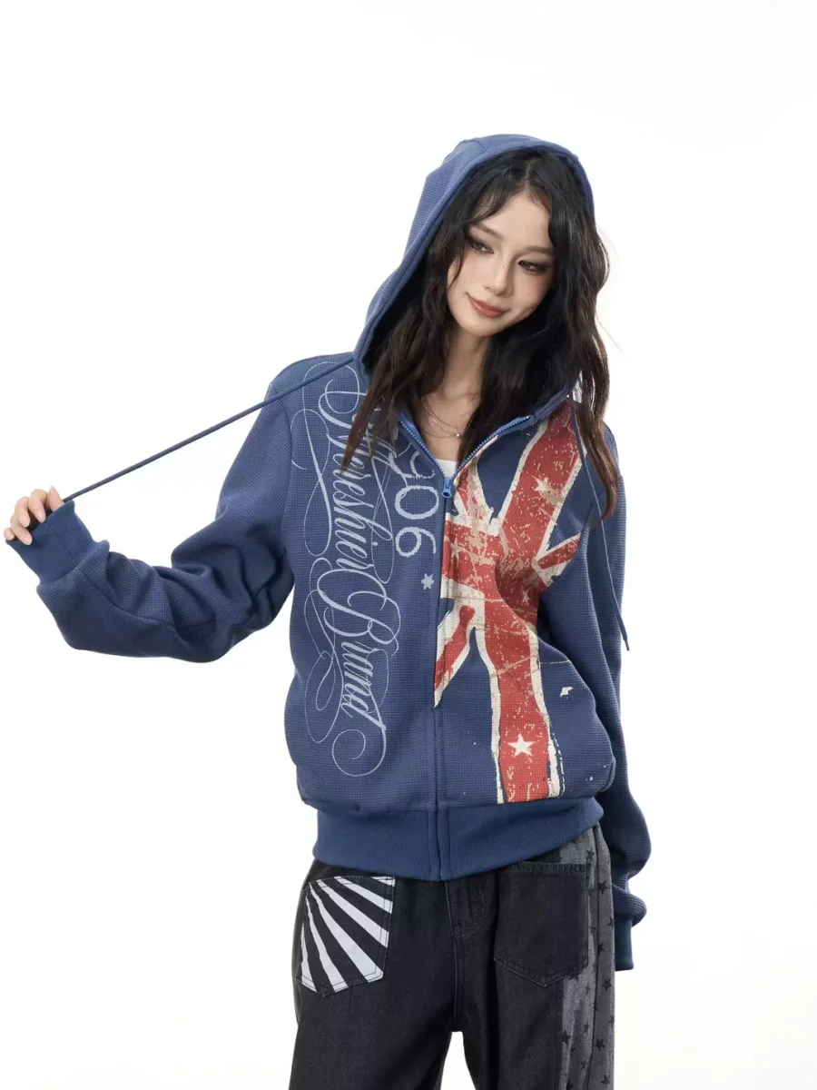 ONLPP | Distressed Flag Print Waffle Zip-Up Hoodie - 3