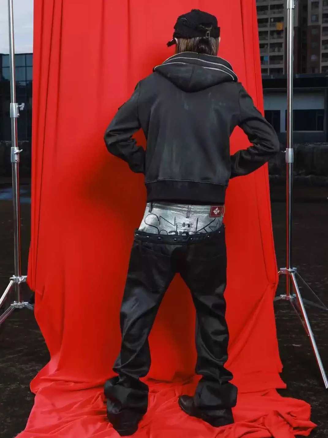 DETW | Distressed Studded Multi-Zip Hooded Sweatshirt Jacket