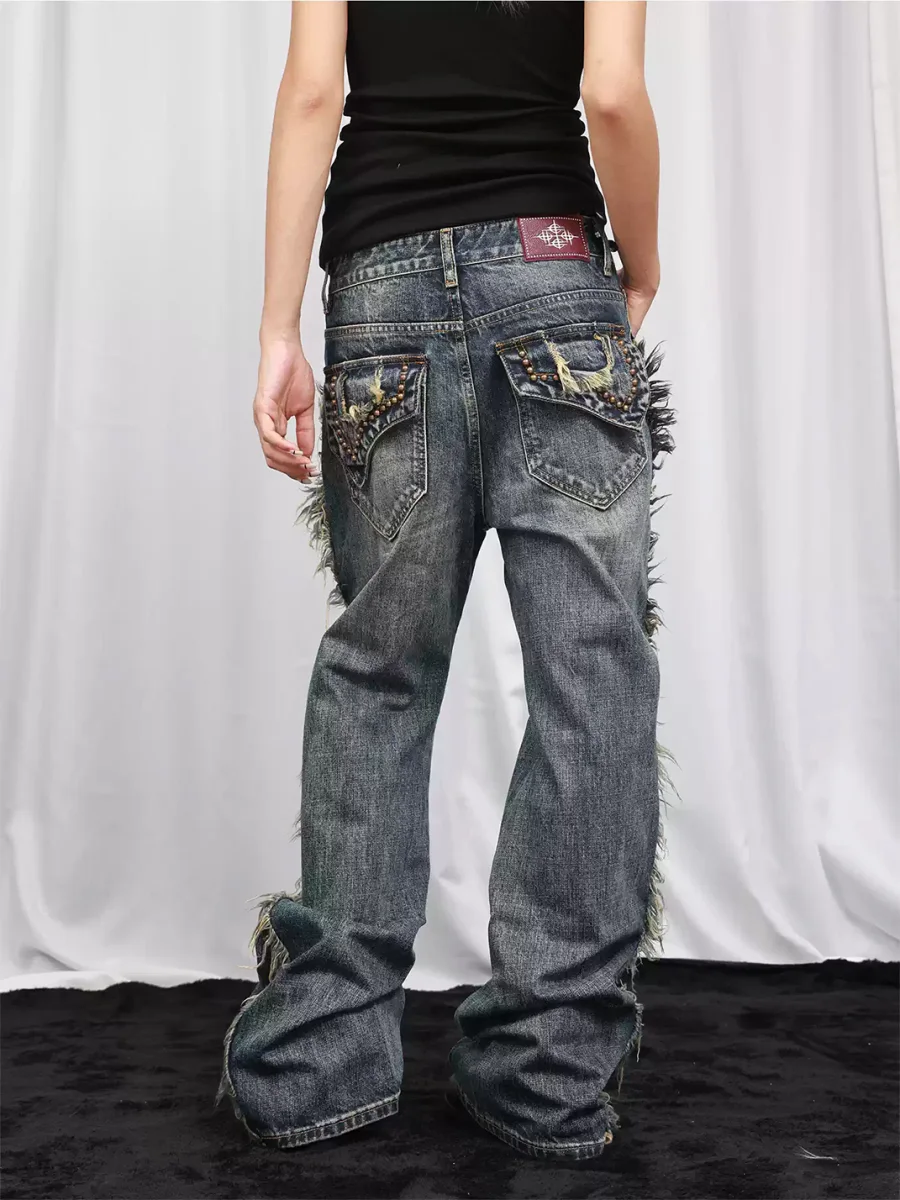 DETW | Washed Blue Frayed Studded Straight Leg Stacked Jeans - 3
