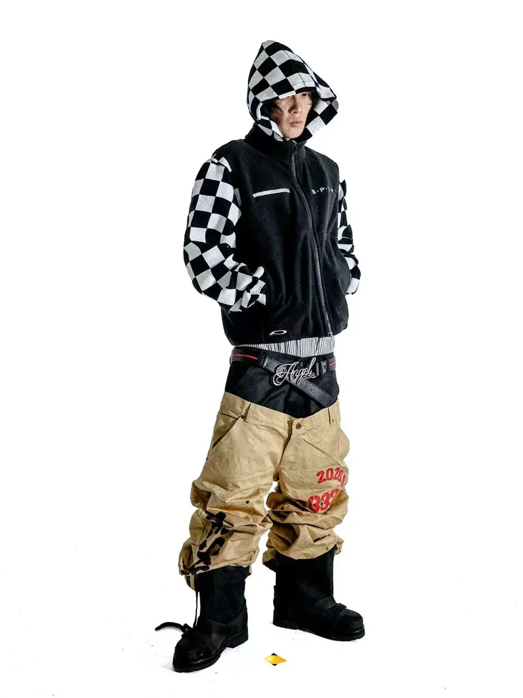 PCCVISION | Double-Waist Distressed Pleated Printed Double-Knee Loose Cargo Pants