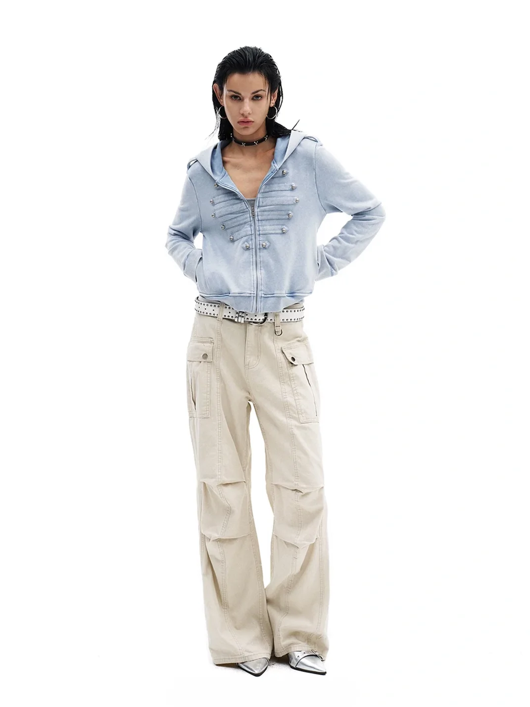 0123 Start | Washed Cropped Hooded Double-Breasted Slim-Fit Jacket